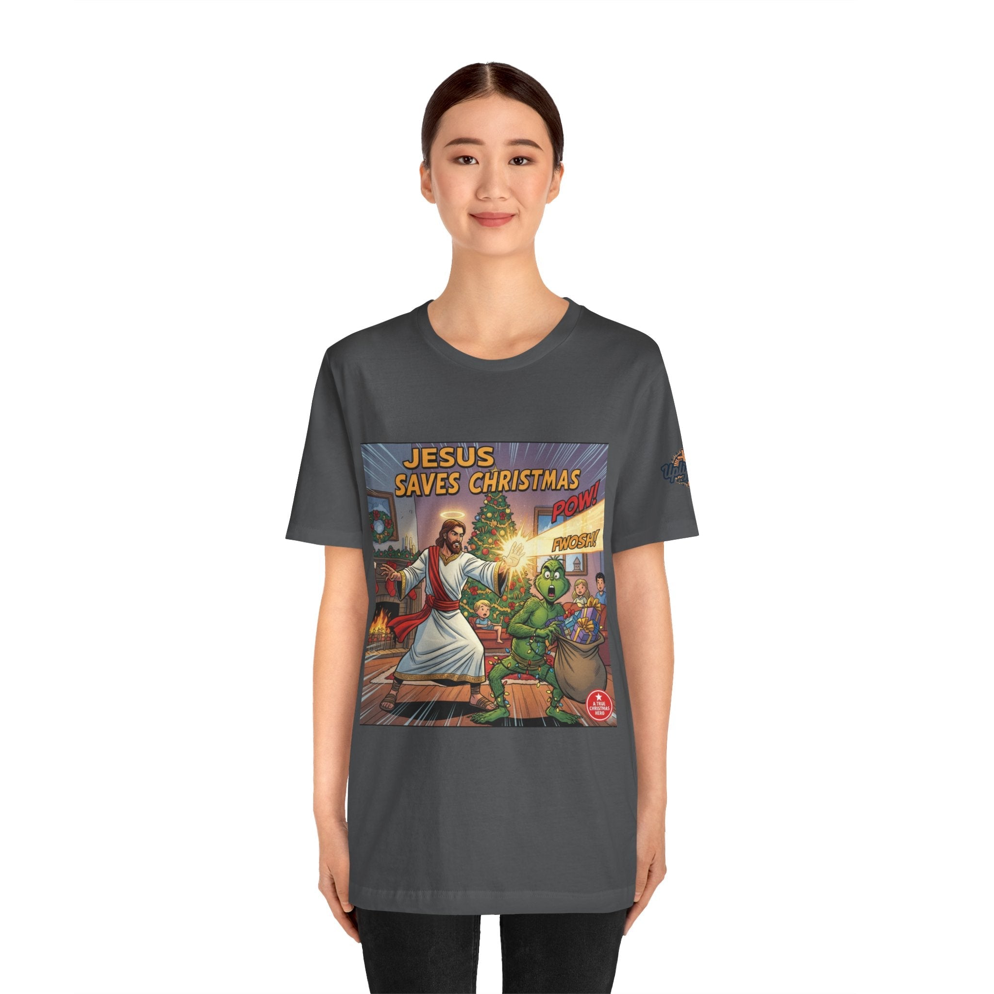Jesus Saves Christmas T-shirt – Grinch vs Savior Light Battle Christian T-shirt for Hilarious Holiday Faith & True Joy Printify