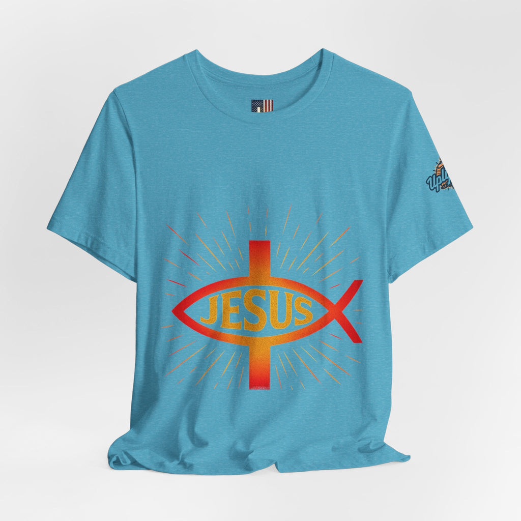 Jesus Ichthys T-shirt – Christian Fish Symbol with Cross & Jesus Inscription T-shirt for Eternal Faith & Streetwear Printify