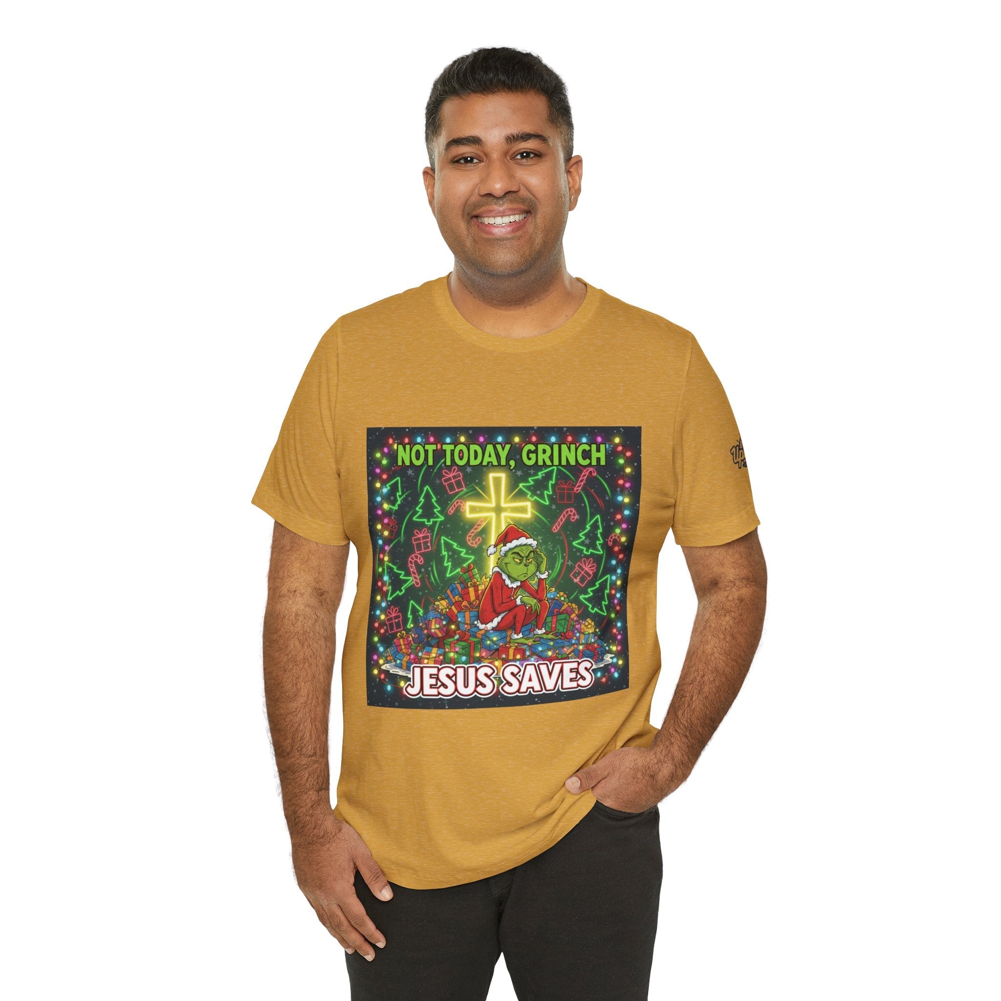 🎄 Not Today, Grinch – Jesus Saves | Funny Christian Christmas T-Shirt | Festive Green & Red Cartoon Style | Bold Faith Holiday Tee by Uplifted Gear Printify