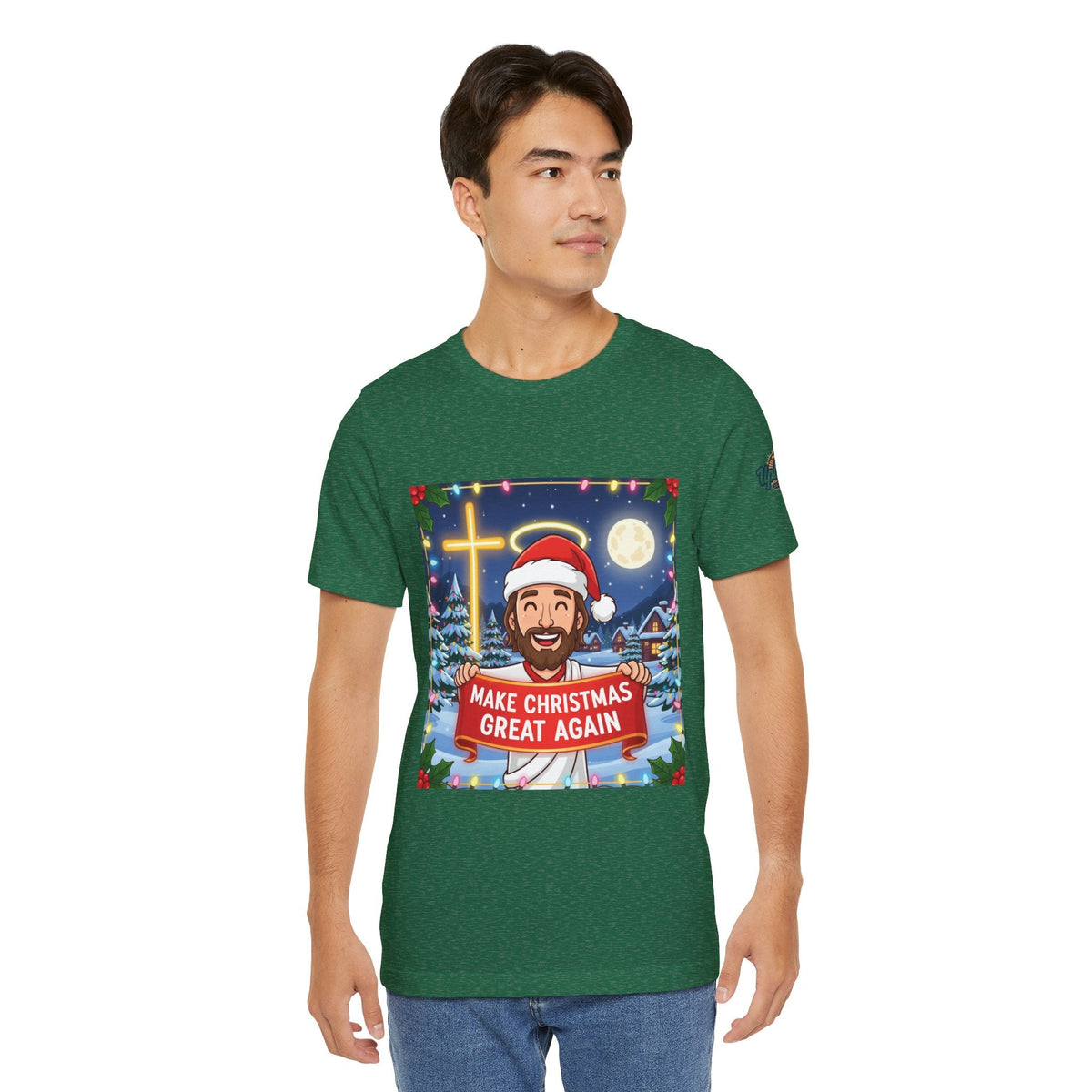 🎄 Make Christmas Great Again – Funny Christian T-Shirt | Jesus Holding Banner | Faith-Based Holiday Parody Tee | Uplifted Gear Printify