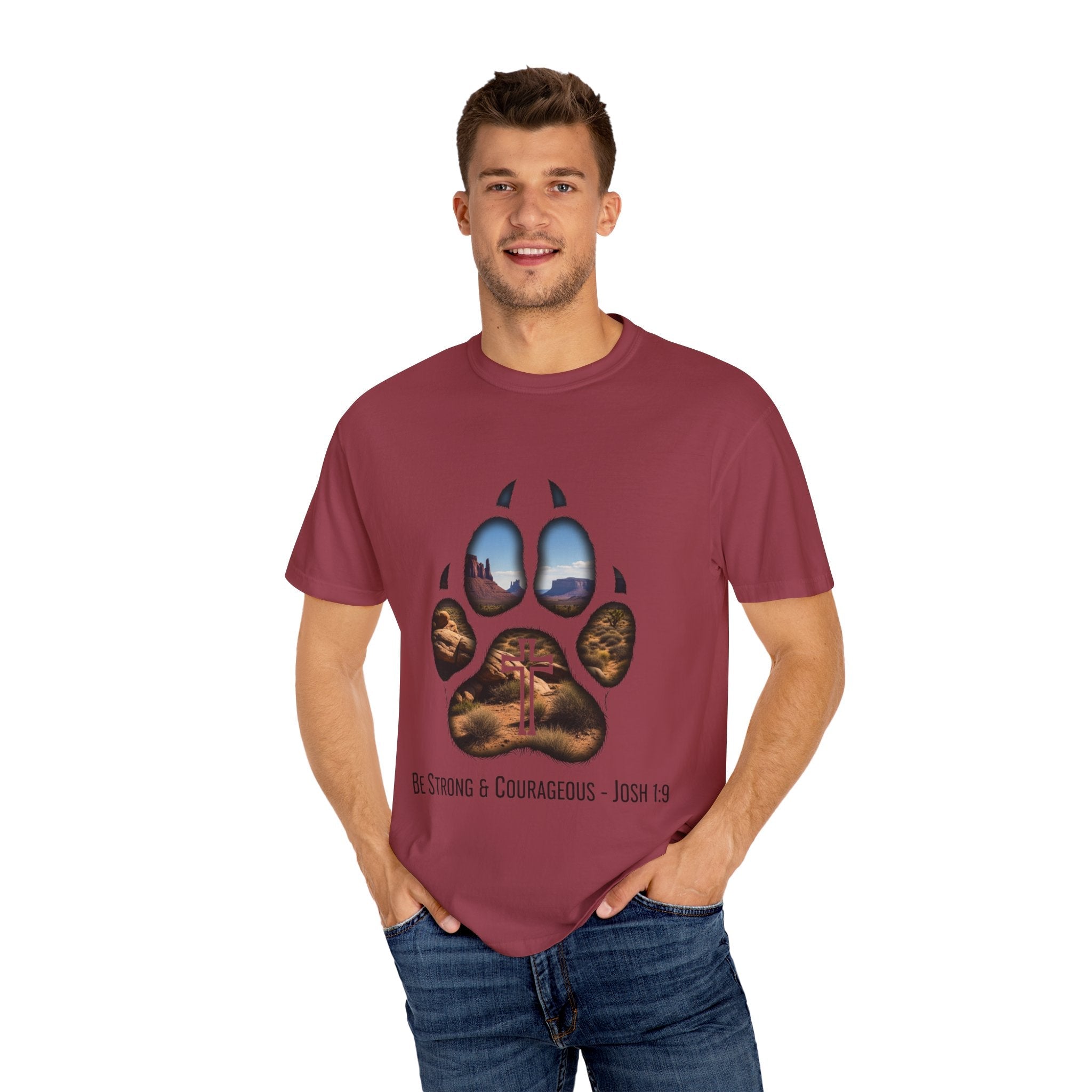 Strong and Courageous T-Shirt – Canine Pawprint Desert Joshua 1:9 Christian Tee Printify