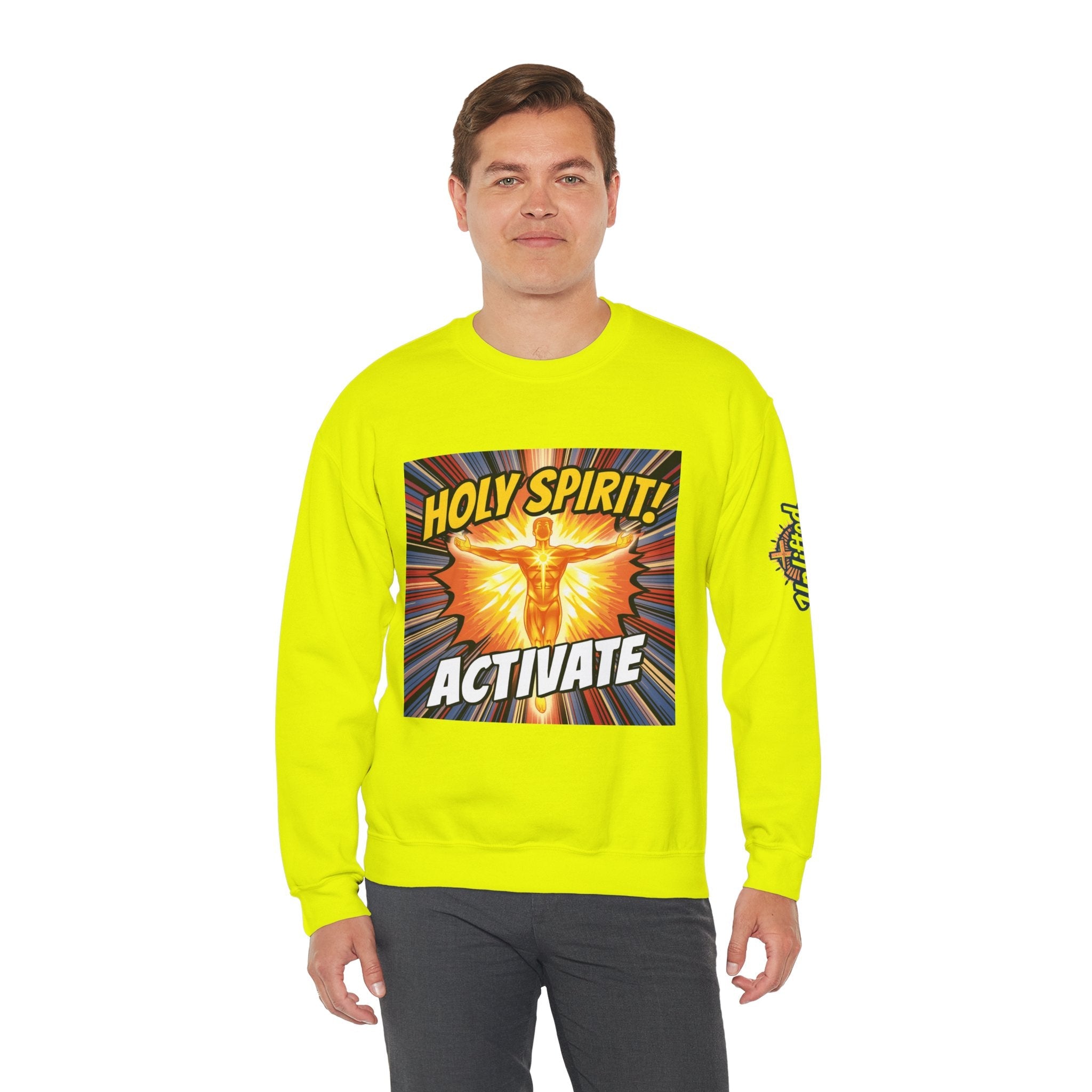 Holy Spirit Activate Sweatshirt – Superhero Christian Sweatshirt with Vibrant Power-Up Design for Faith-Fueled Boldness Printify