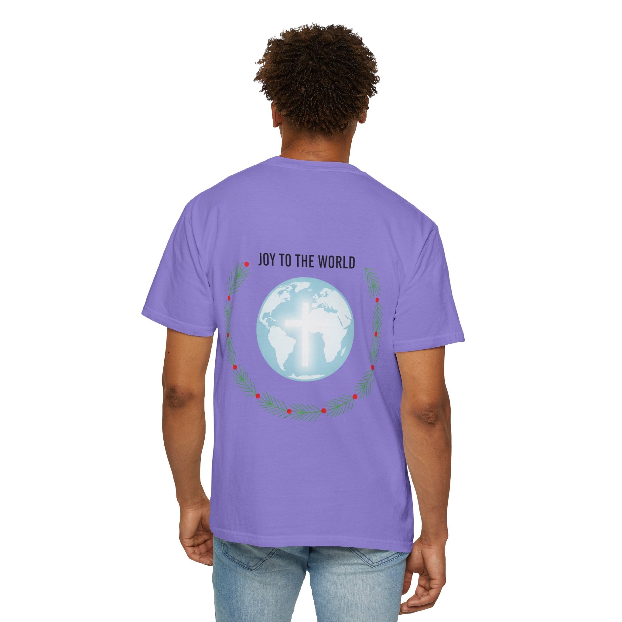 Joy to the World T-shirt – Wreath Earth Nativity Christian Christmas T-shirt for Isaiah 9:6 Holiday Faith & Festive Joy Printify