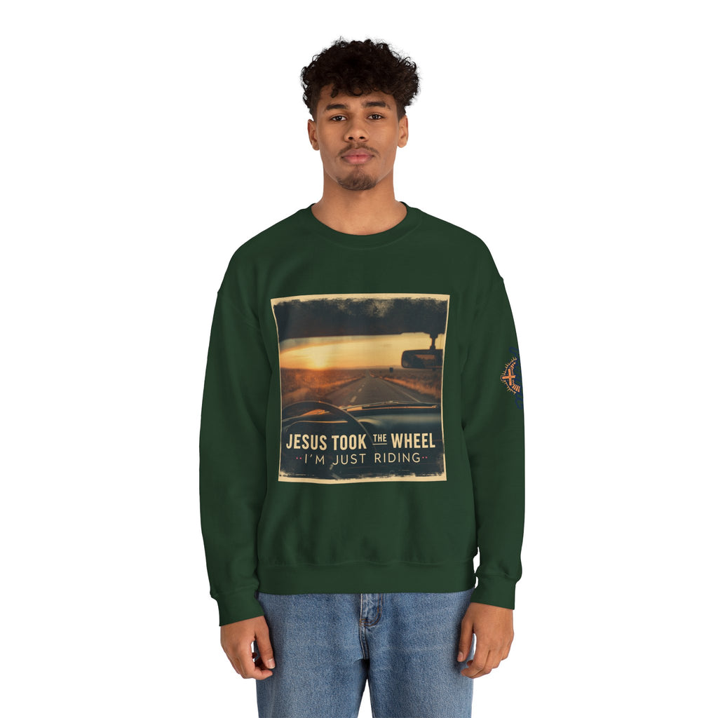 Jesus Took the Wheel I'm Just Riding Sweatshirt – Funny Christian Convertible Car Sweatshirt for Surrendered Faith & Humor