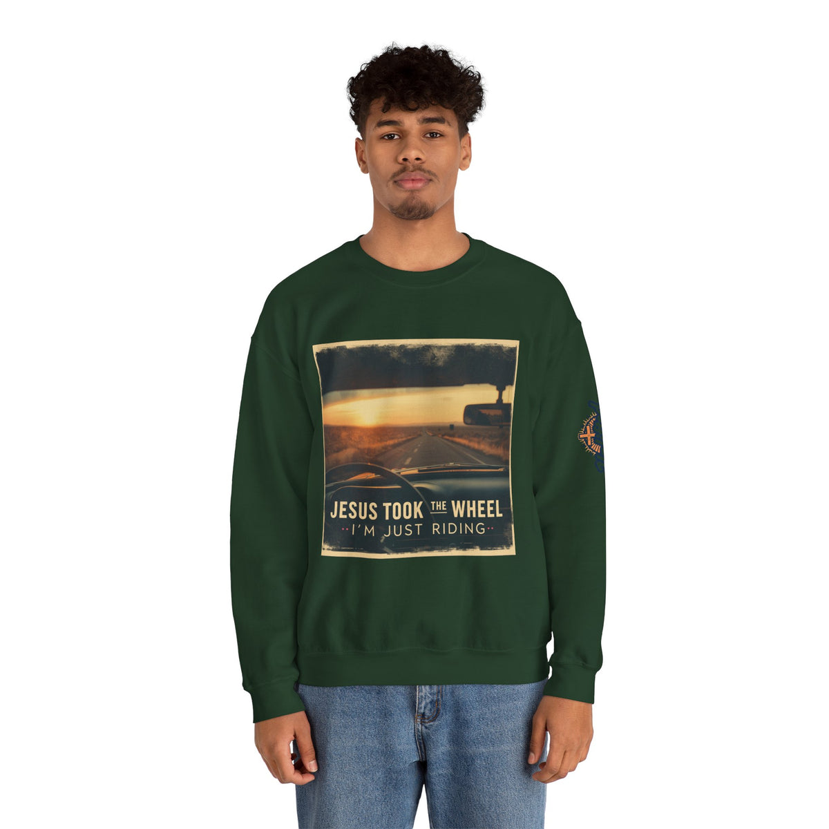 Jesus Took the Wheel I'm Just Riding Sweatshirt – Funny Christian Convertible Car Sweatshirt for Surrendered Faith & Humor