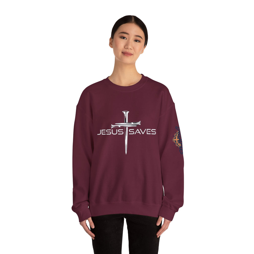 Jesus Saves Sweatshirt – 3 Nails Crucifix Cross Christian Sweatshirt for Redemption Faith & Bold Salvation Printify