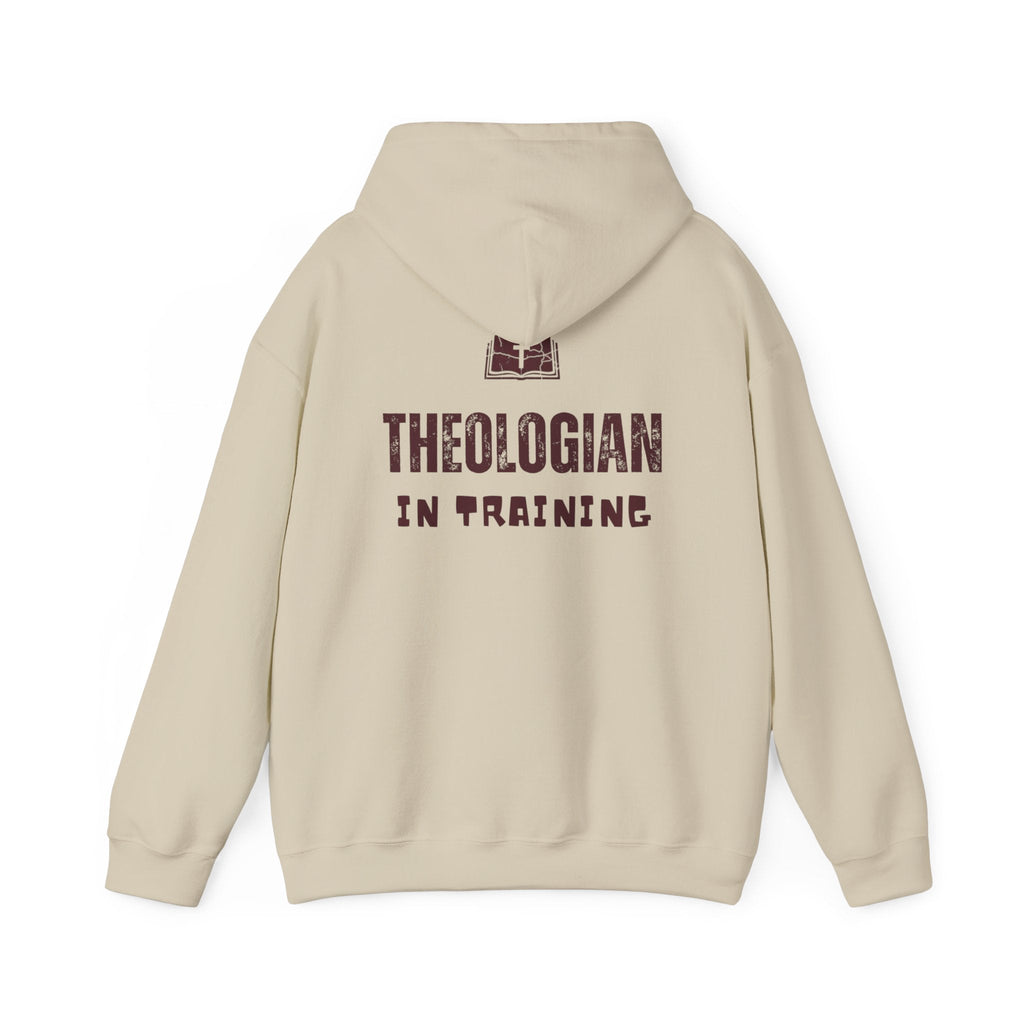 Theologian in Training Hoodie – Open Bible & Cross Christian Hoodie for Faithful Growth Printify