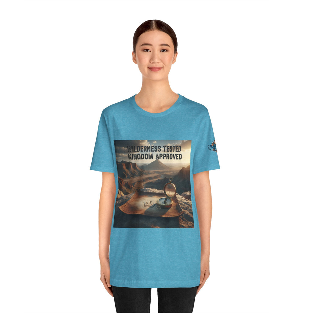 Wilderness Tested Kingdom Approved T-shirt – Mountain Desert Compass Crown Christian T-shirt for Biblical Adventure Faith Printify