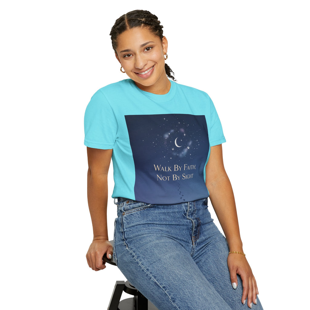 Walk by Faith, Not by Sight T-Shirt – Footprints in the Sand Christian Moonlit Tee Printify