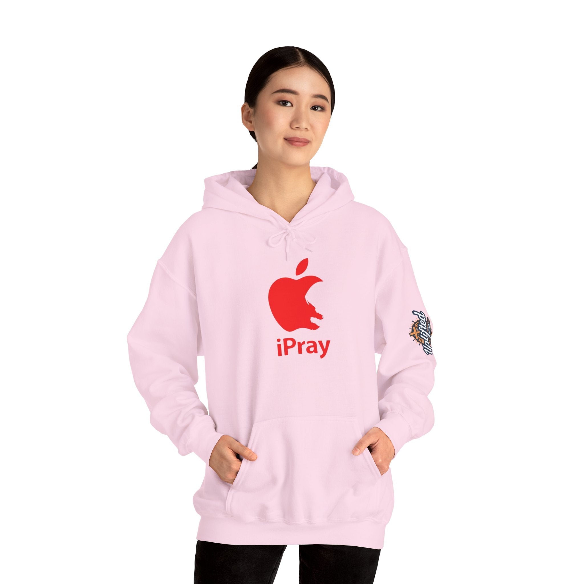 iPray Apple Logo Hoodie — Funny Christian Hoodie (Minimal Red Apple Graphic) Printify