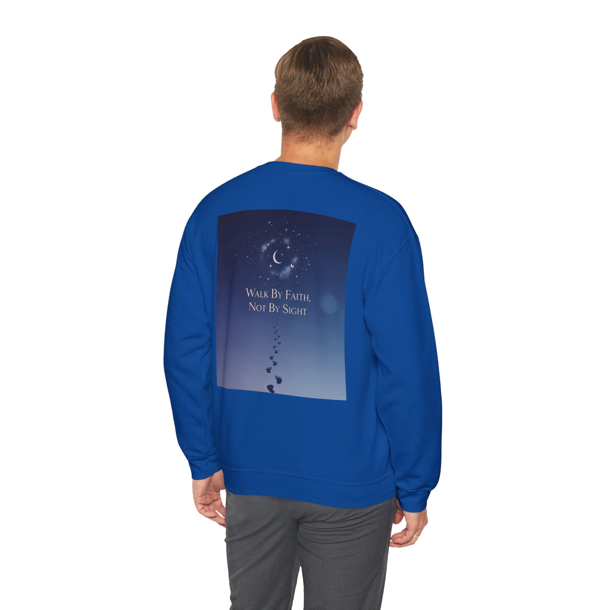 Walk by Faith, Not by Sight Sweatshirt – Moonlit Footprints Christian Sweatshirt for Cozy Nights Printify