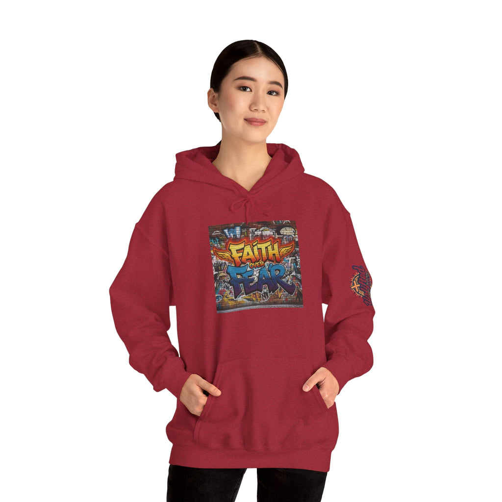 Faith Over Fear Hoodie – Graffiti Wall Christian Sweatshirt for Bold 2 Corinthians 5:7 Streetwear & Unshakable Faith Printify