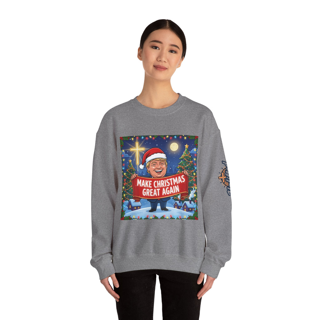 🎄 Make Christmas Great Again – Patriotic Christian Christmas Sweatshirt | Bold Holiday Faith Tee | Red & White Banner Design | Uplifted Gear Printify