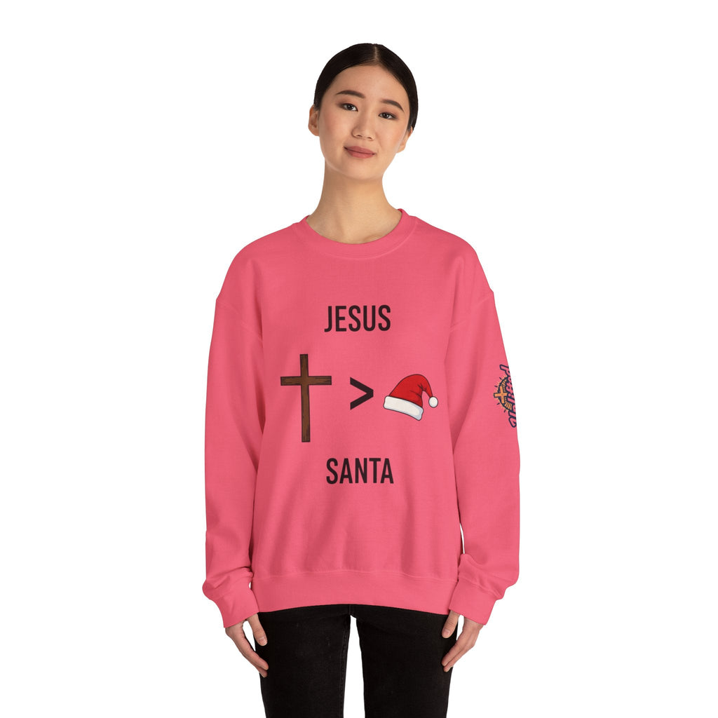 🎄 Jesus > Santa – Minimalist Christian Christmas Sweatshirt | Bold Faith Over Holiday Tee | Cross vs Santa Hat Design | Uplifted Gear Printify