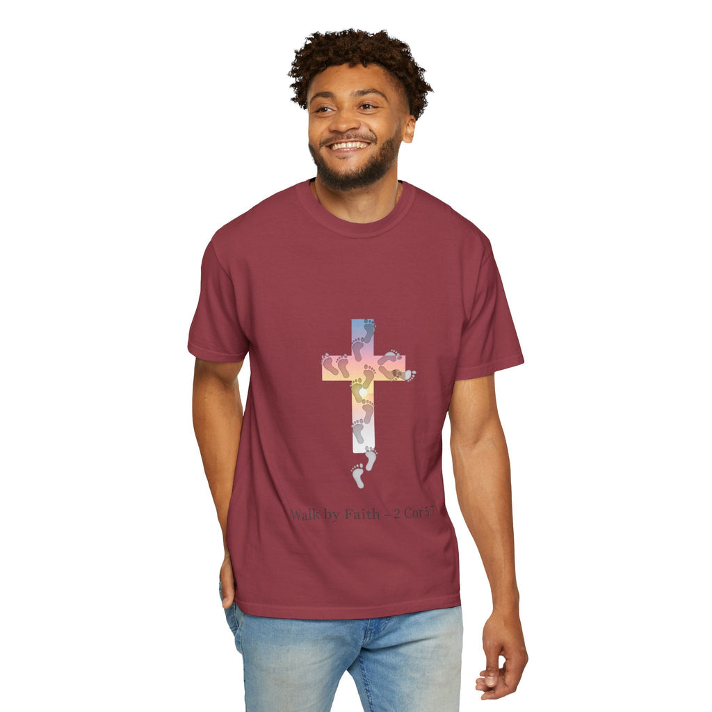 Walk by Faith T-Shirt – Cross & Footprints Christian Tee for Bold Believers Printify