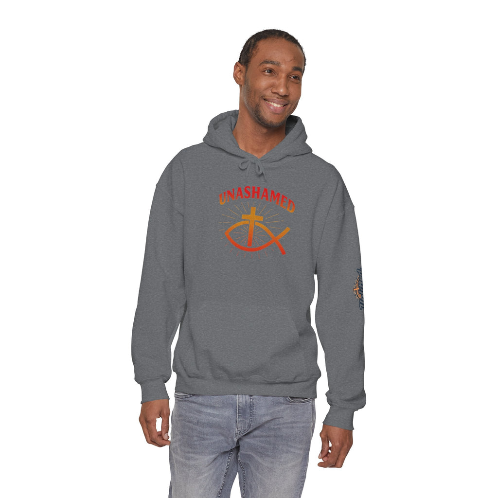 Unashamed Hoodie – Ichthys Jesus Fish & Cross Christian Sweatshirt for Romans 1:16 Bold Faith Printify