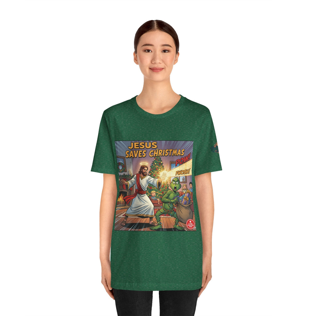 Jesus Saves Christmas T-shirt – Grinch vs Savior Light Battle Christian T-shirt for Hilarious Holiday Faith & True Joy Printify