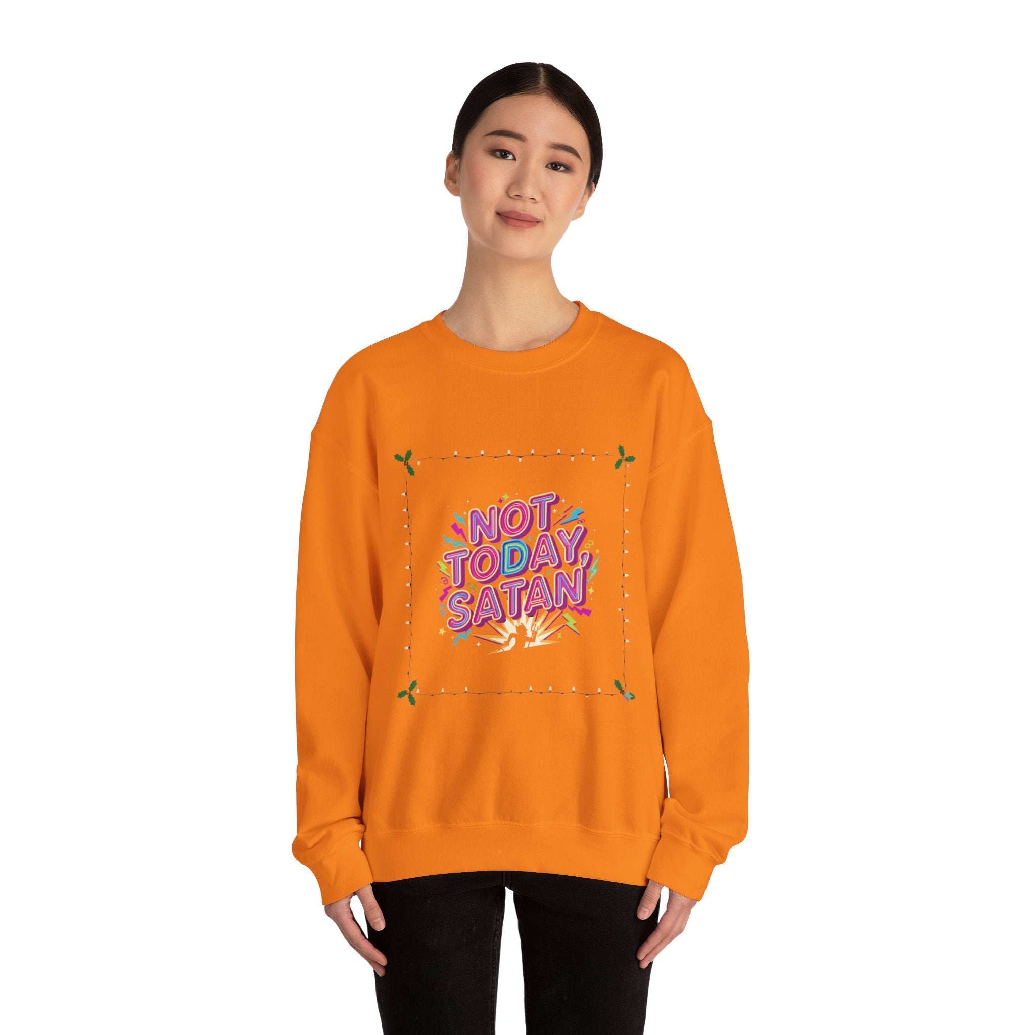 🔥 Not Today, Satan – Retro 90s Christian Sweatshirt | Neon Faith Tee | Funky Cartoon Devil | Bold Bible Verse Shirt | Uplifted Gear Printify