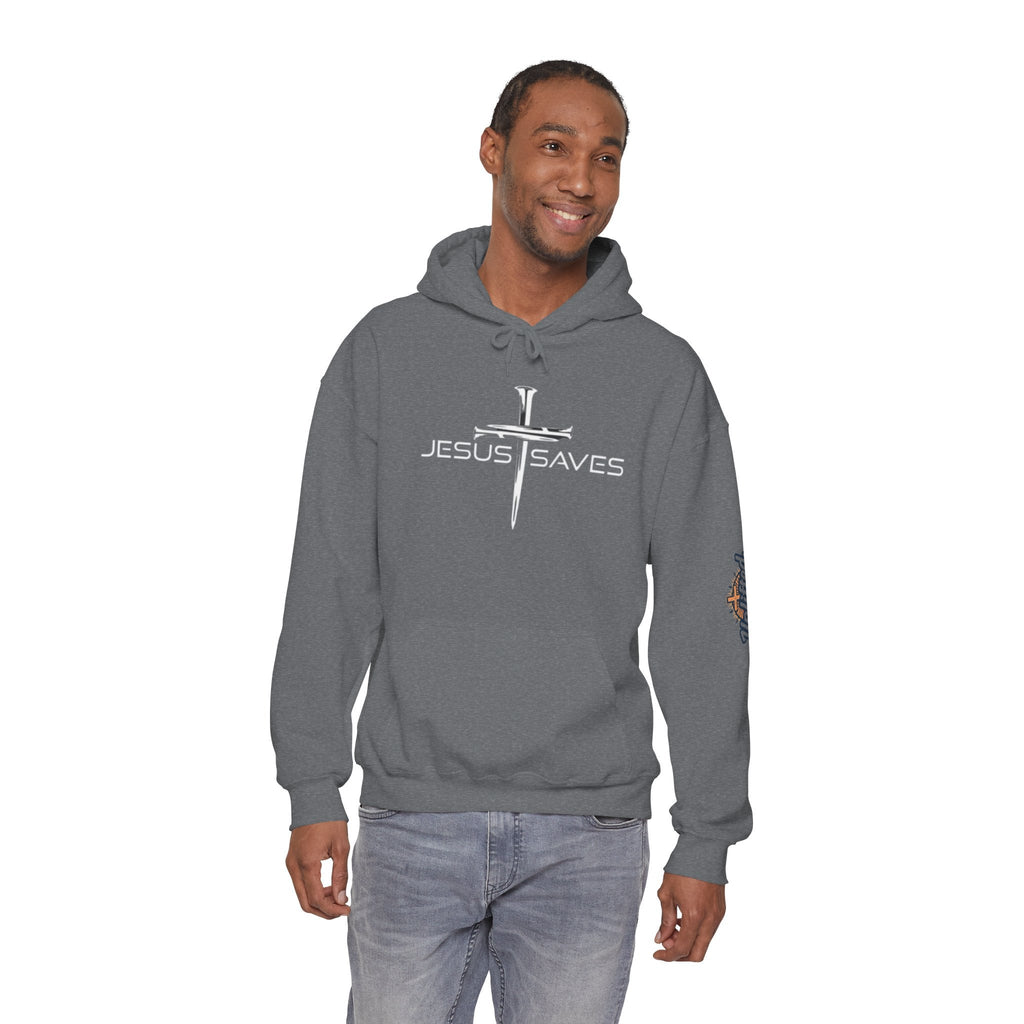 Jesus Saves Hoodie – 3 Nails Crucifix Cross Christian Sweatshirt for Redemption Faith & Bold Salvation Printify