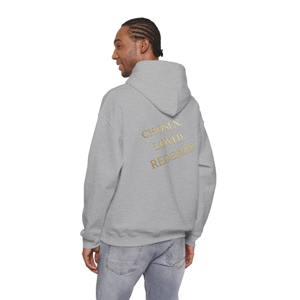 ✨ Chosen. Loved. Redeemed. – Elegant Christian Hoodie | Gold Foil Faith Tee | Subtle Cross & Heart Design | Inspirational Bible Verse Apparel by Uplifted Gear Printify