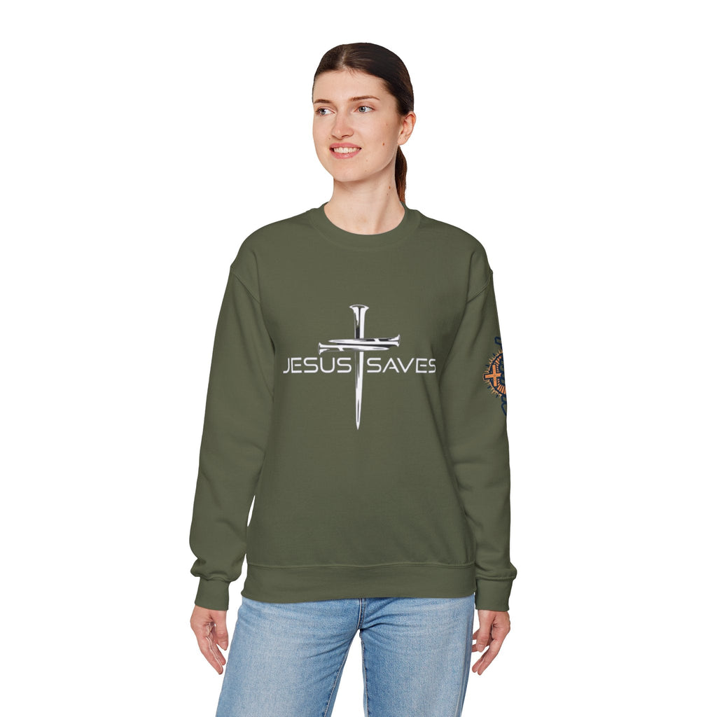Jesus Saves Sweatshirt – 3 Nails Crucifix Cross Christian Sweatshirt for Redemption Faith & Bold Salvation Printify