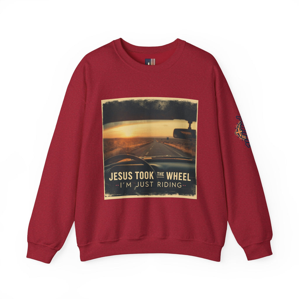 Jesus Took the Wheel I'm Just Riding Sweatshirt – Funny Christian Convertible Car Sweatshirt for Surrendered Faith & Humor Printify