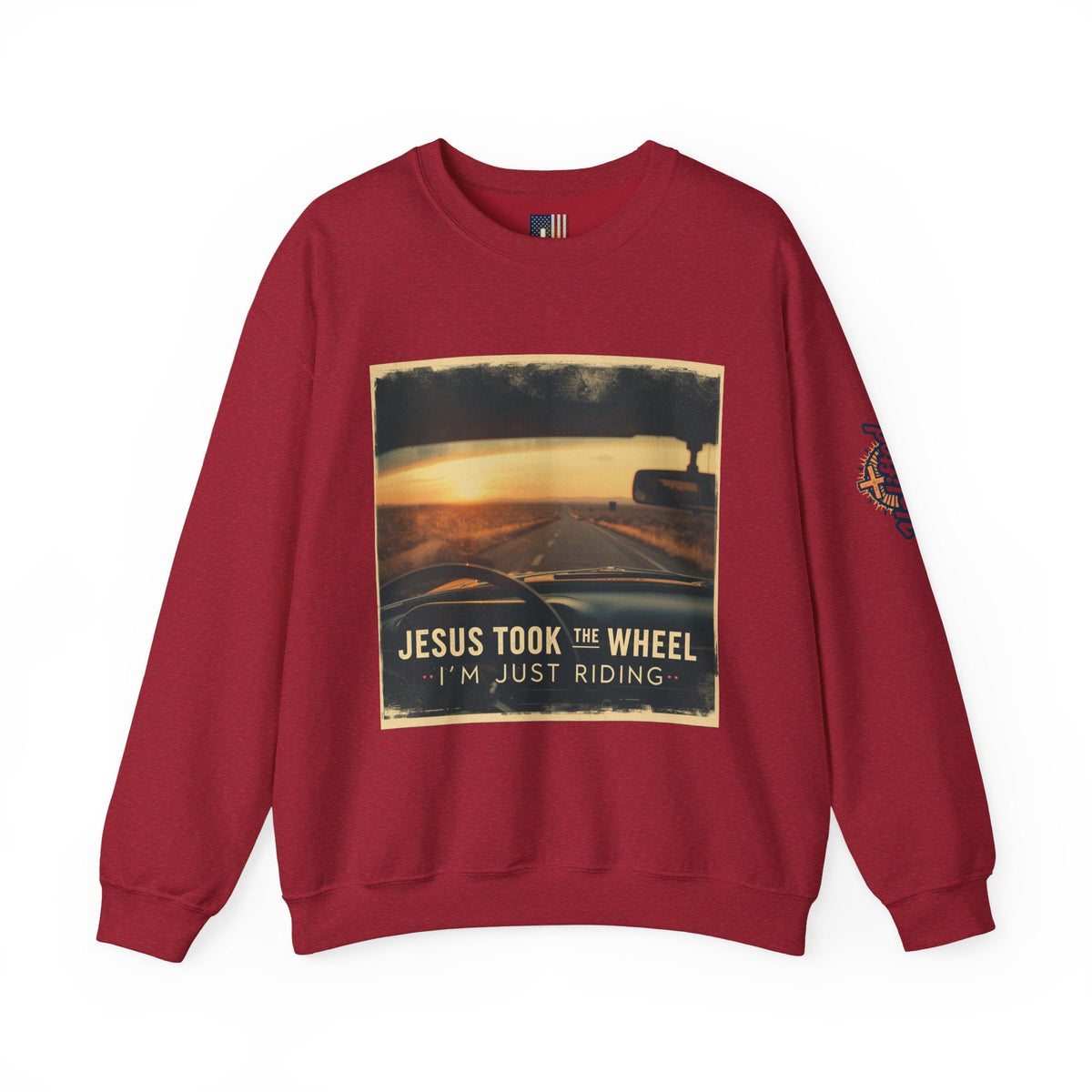 Jesus Took the Wheel I'm Just Riding Sweatshirt – Funny Christian Convertible Car Sweatshirt for Surrendered Faith & Humor Printify
