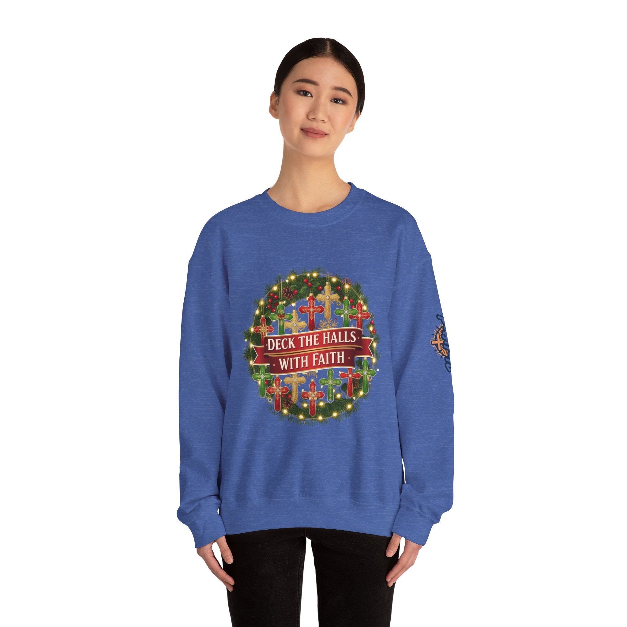 🎄 Deck the Halls with Faith – Christian Christmas Sweatshirt | Cross Ornament Design & Festive Garland | Bold Holiday Faith Tee by Uplifted Gear Printify