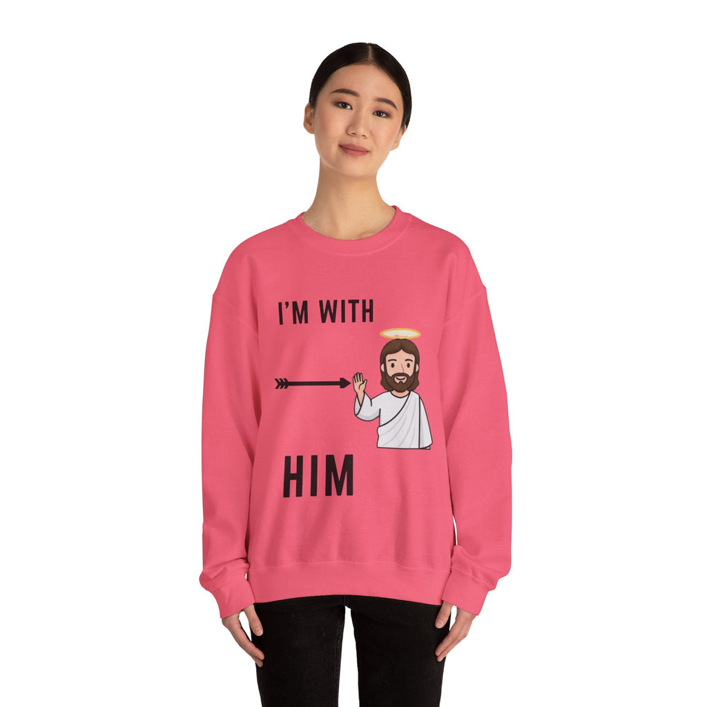 🔥 I’m With Him → Christian Sweatshirt | Arrow Pointing to Jesus | Minimalist Faith Tee | Subtle Cross Design | Bible-Inspired Apparel by Uplifted Gear Printify