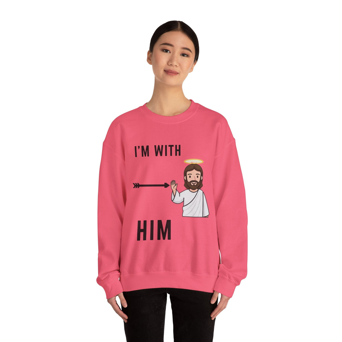 🔥 I’m With Him → Christian Sweatshirt | Arrow Pointing to Jesus | Minimalist Faith Tee | Subtle Cross Design | Bible-Inspired Apparel by Uplifted Gear Printify