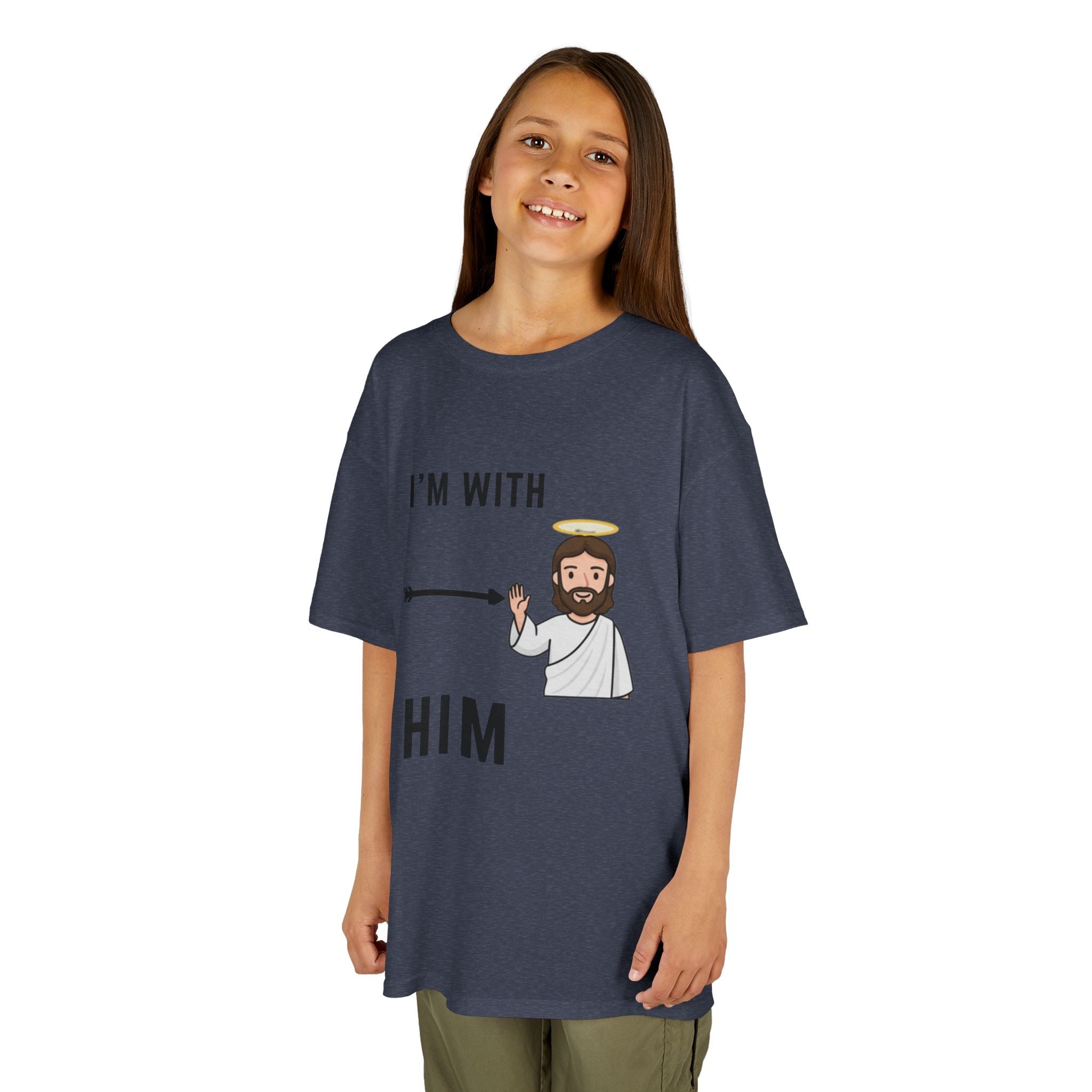 🔥 I’m With Him → Christian Kids T-Shirt | Arrow Pointing to Jesus | Minimalist Faith Tee | Subtle Cross Design | Bible-Inspired Apparel by Uplifted Gear Printify