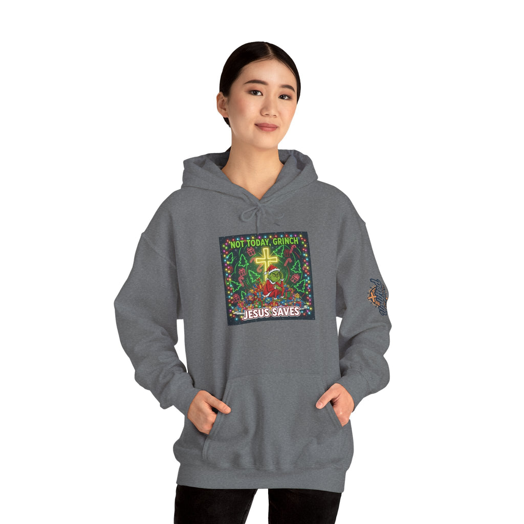 🎄 Not Today, Grinch – Jesus Saves | Funny Christian Christmas Hoodie | Festive Green & Red Cartoon Style | Bold Faith Holiday Tee by Uplifted Gear Printify