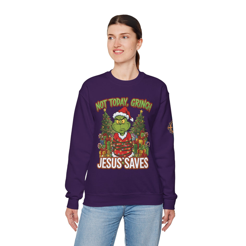 🎄 Not Today, Grinch – Jesus Saves | Funny Christian Christmas Sweatshirt | Sulking Grinch & Glowing Cross | Bold Neon Faith Tee by Uplifted Gear Printify