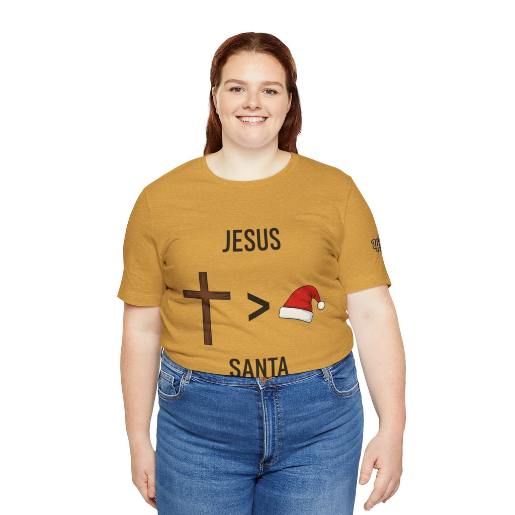 🎄 Jesus > Santa – Minimalist Christian Christmas T-Shirt | Bold Faith Over Holiday Tee | Cross vs Santa Hat Design | Uplifted Gear Printify