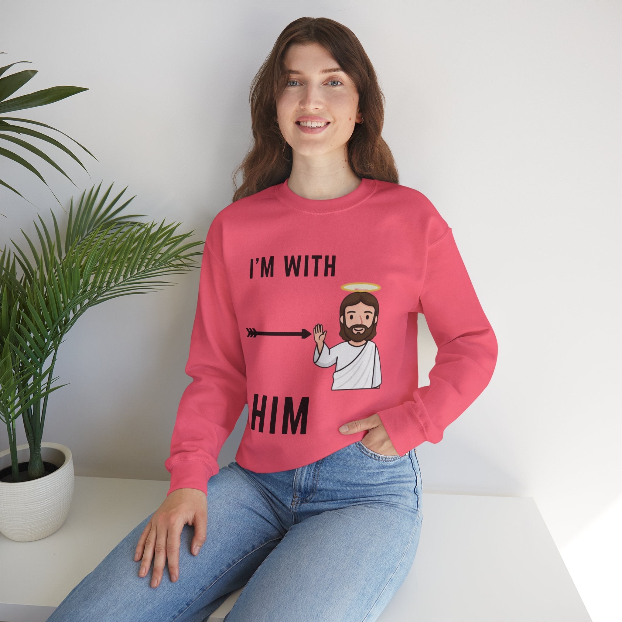 🔥 I’m With Him → Christian Sweatshirt | Arrow Pointing to Jesus | Minimalist Faith Tee | Subtle Cross Design | Bible-Inspired Apparel by Uplifted Gear Printify