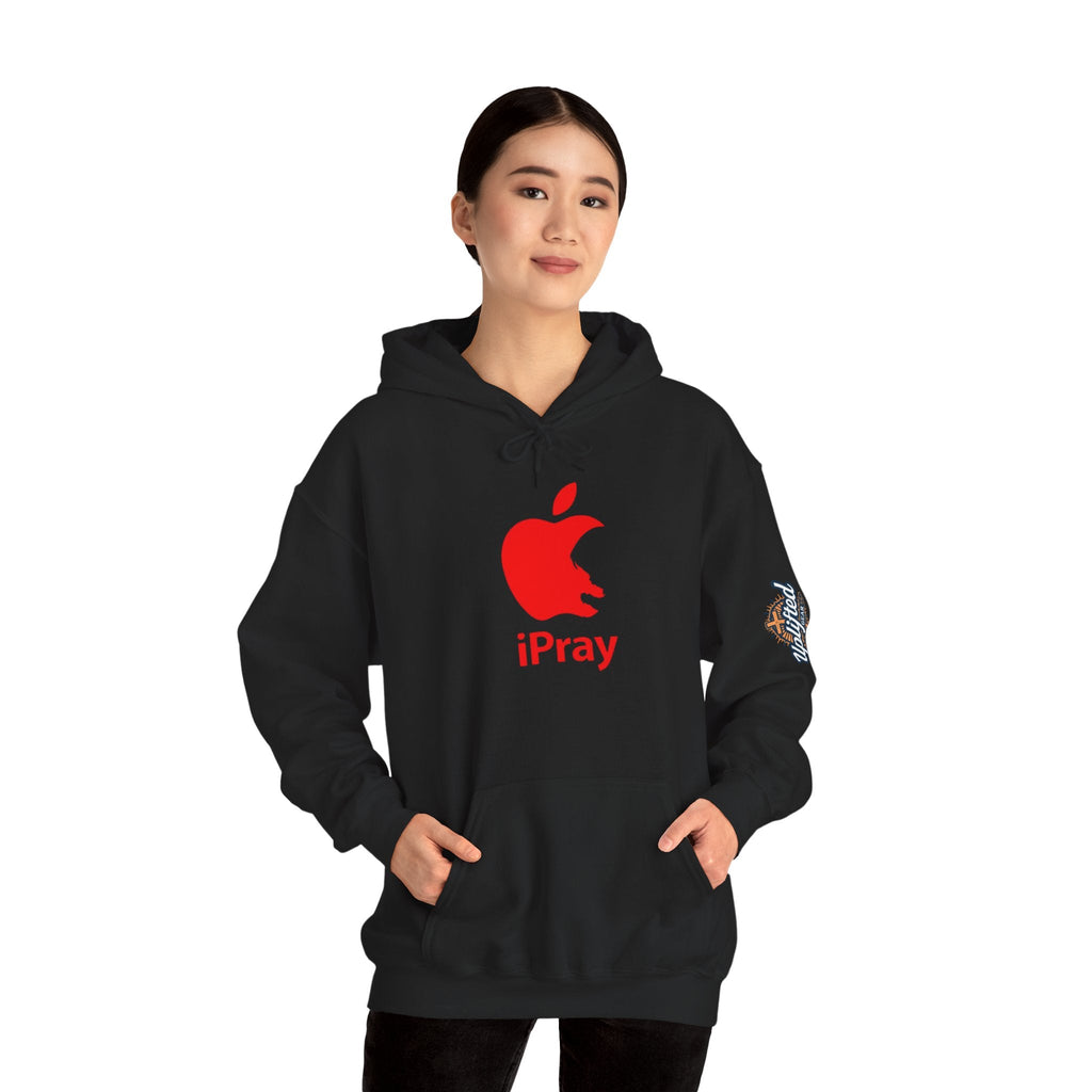 iPray Apple Logo Hoodie — Funny Christian Hoodie (Minimal Red Apple Graphic) Printify