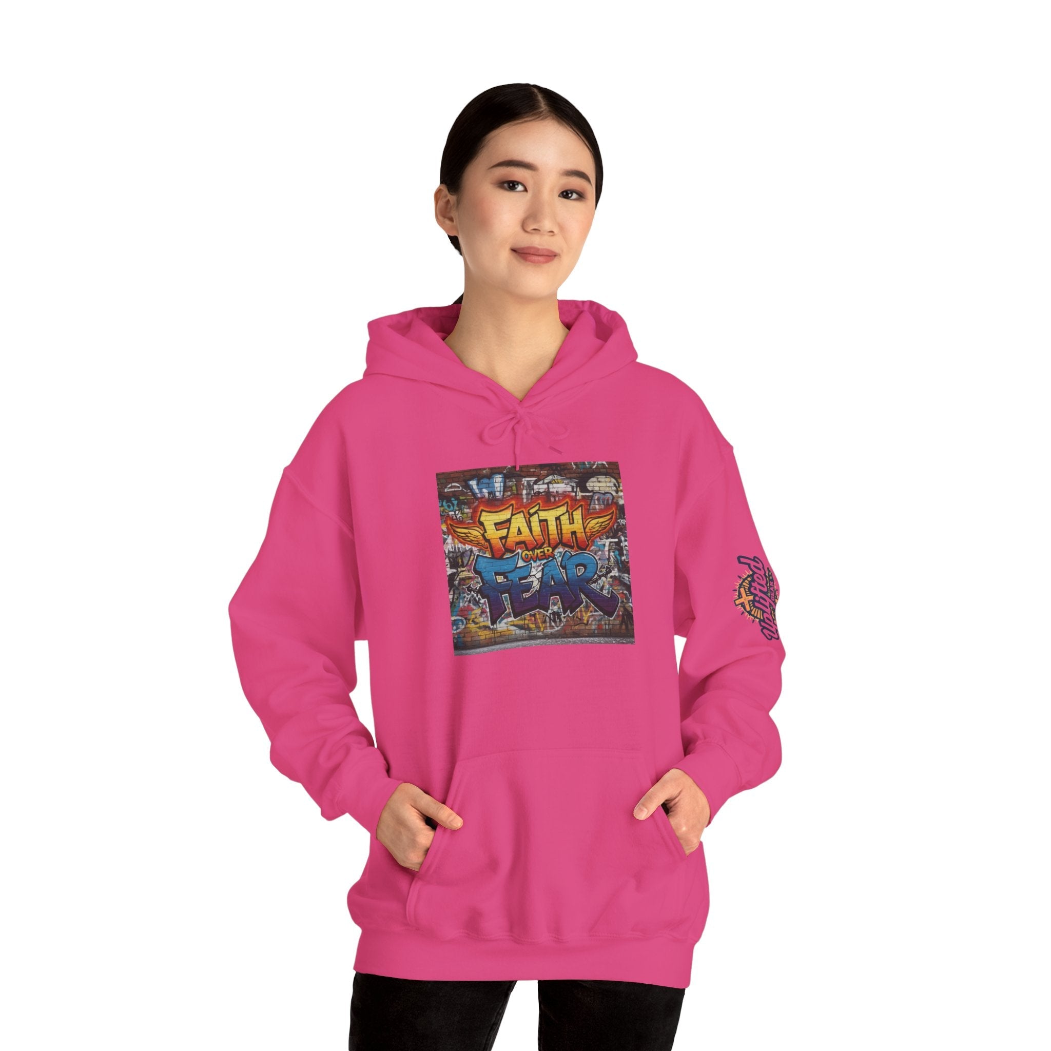 Faith Over Fear Hoodie – Graffiti Wall Christian Sweatshirt for Bold 2 Corinthians 5:7 Streetwear & Unshakable Faith Printify