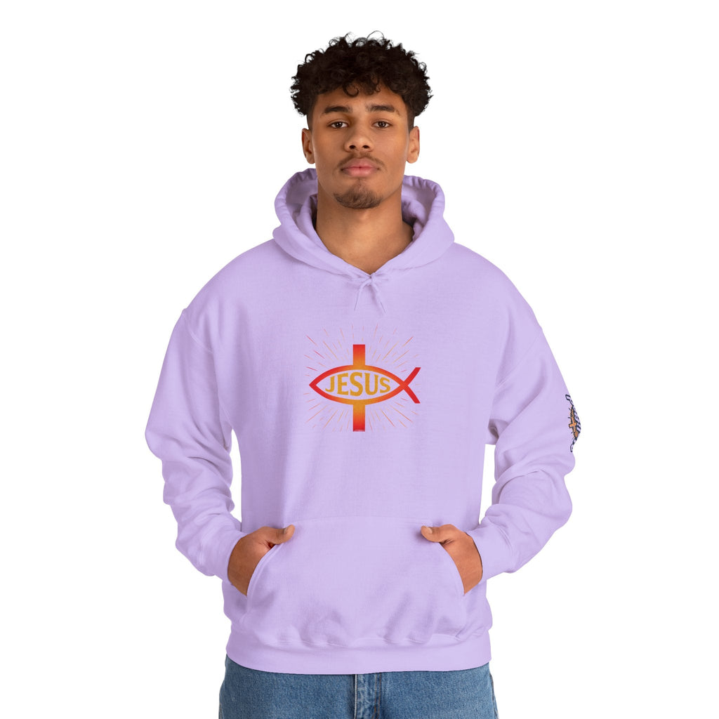 Jesus Ichthys Hoodie – Christian Fish Symbol with Cross & Jesus Inscription Sweatshirt for Eternal Faith & Streetwear Printify