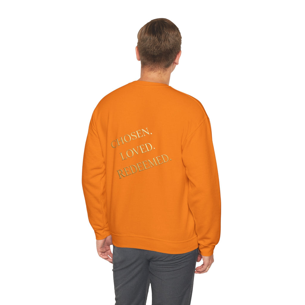 ✨ Chosen. Loved. Redeemed. – Elegant Christian Sweatshirt | Gold Foil Faith Tee | Subtle Cross & Heart Design | Inspirational Bible Verse Apparel by Uplifted Gear Printify