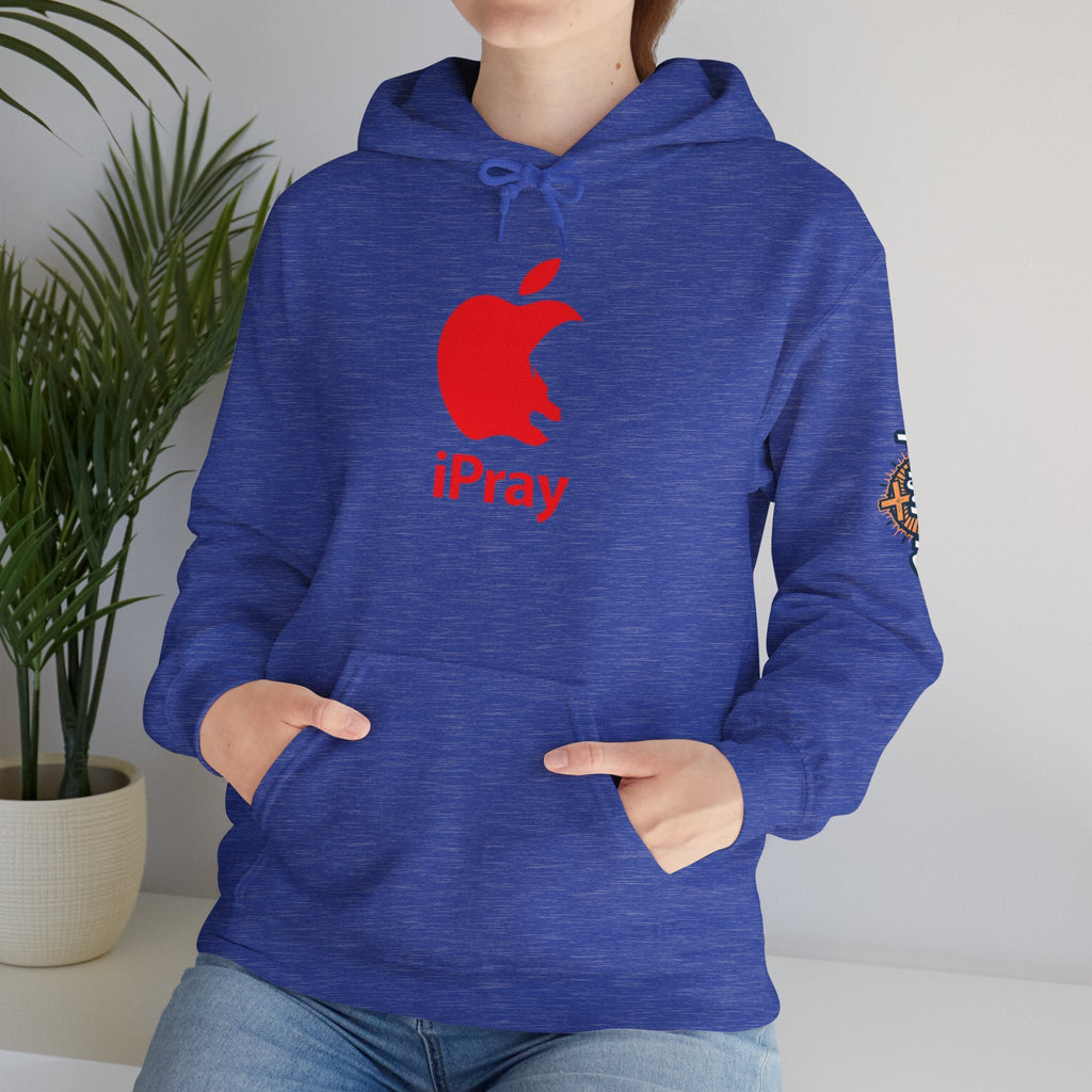 iPray Apple Logo Hoodie — Funny Christian Hoodie (Minimal Red Apple Graphic) Printify