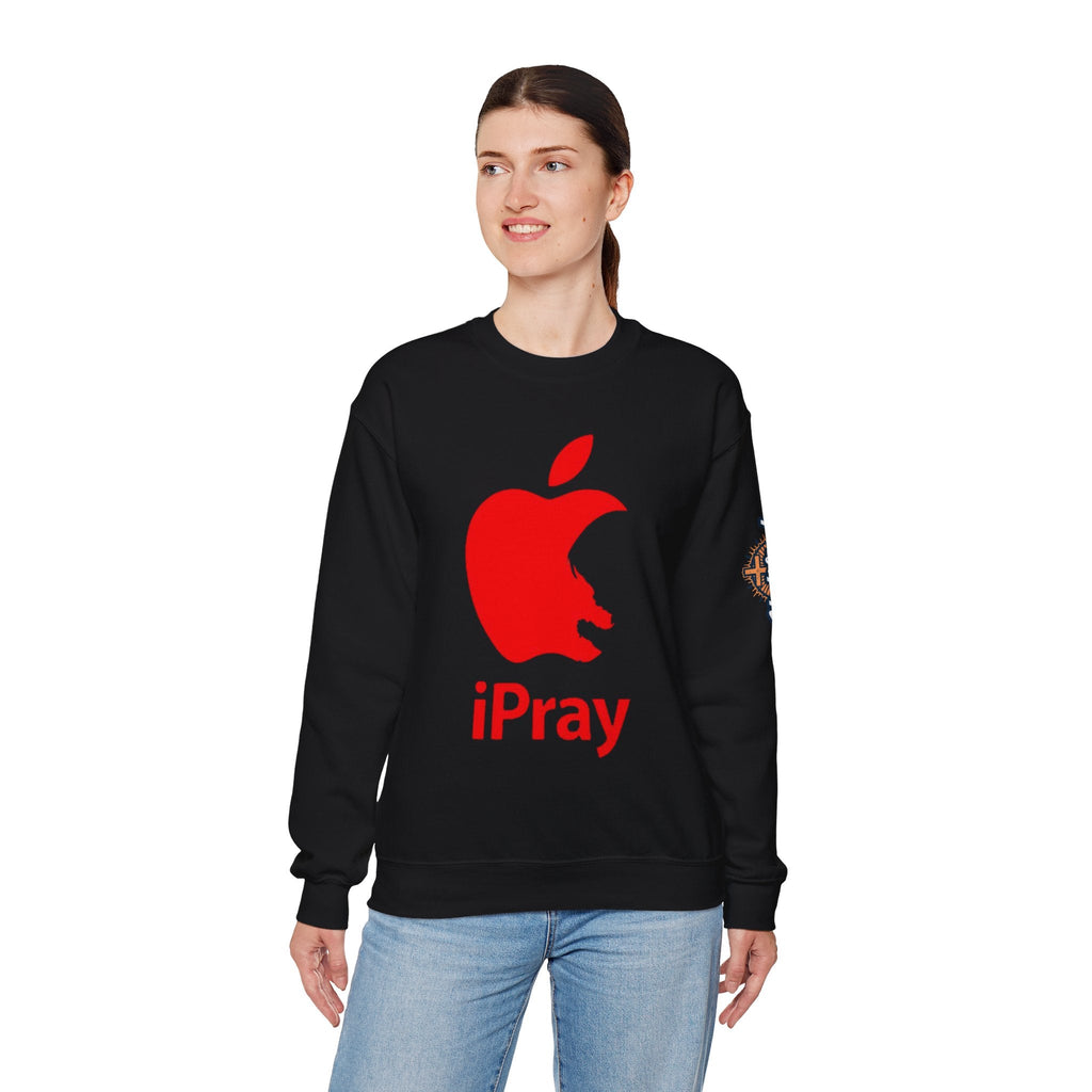 iPray Apple Logo Sweatshirt — Funny Christian Sweatshirt (Minimal Red Apple Graphic) Printify
