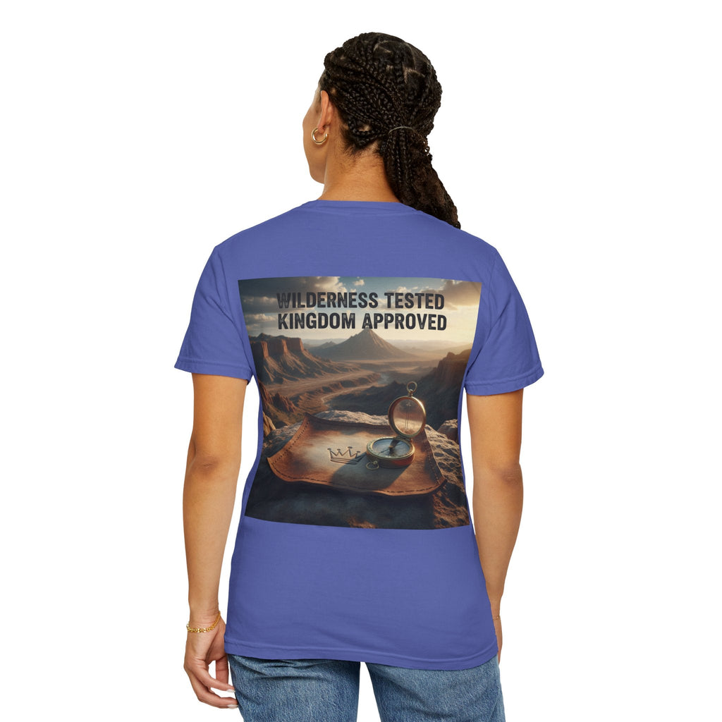 Wilderness Tested Kingdom Approved T-shirt – Mountain Desert Compass Crown Christian T-shirt for Biblical Adventure Faith Printify