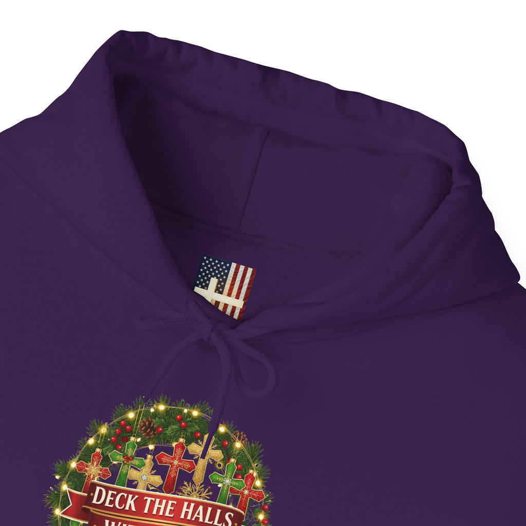 🎄 Deck the Halls with Faith – Christian Christmas Hoodie | Cross Ornament Design & Festive Garland | Bold Holiday Faith Tee by Uplifted Gear Printify