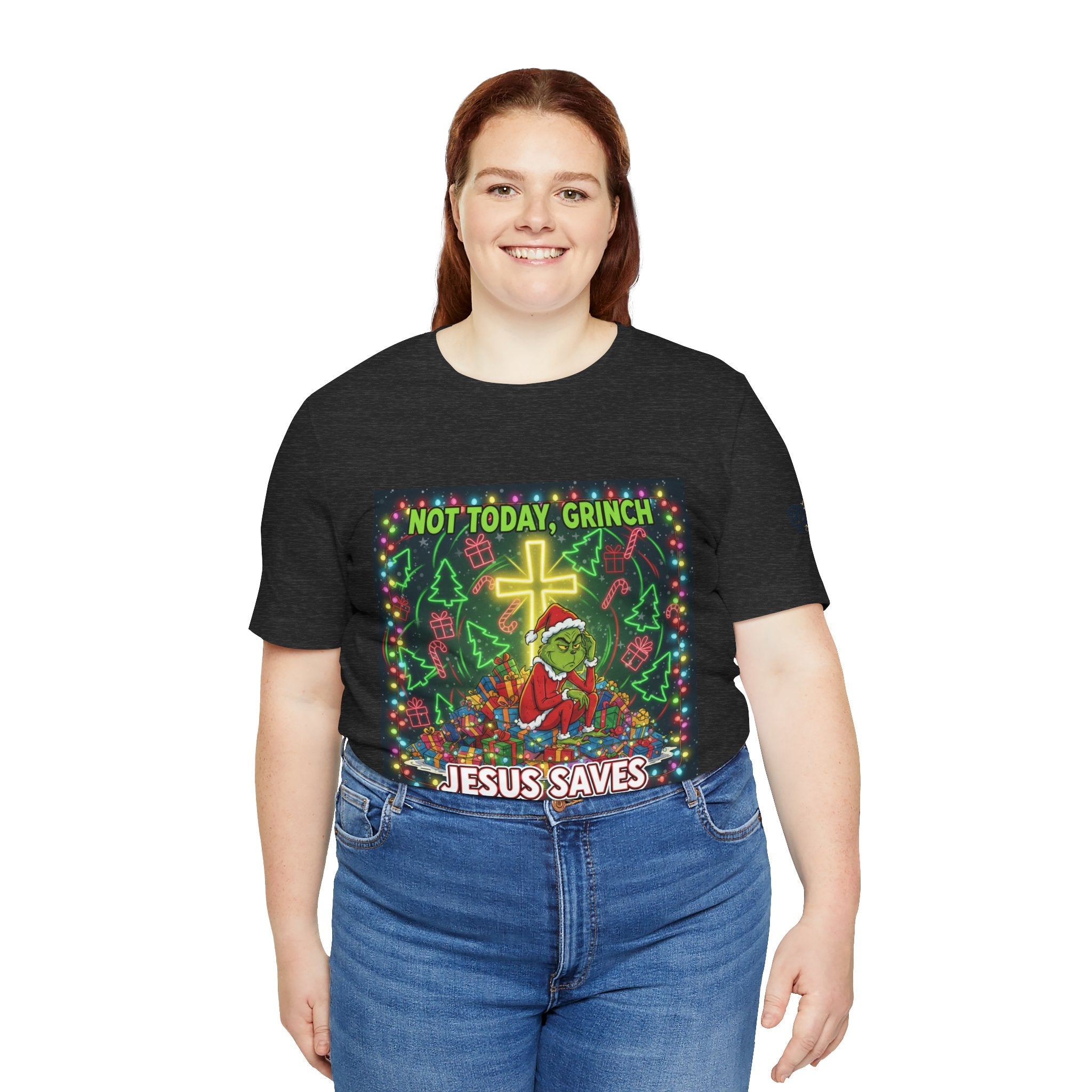 🎄 Not Today, Grinch – Jesus Saves | Funny Christian Christmas T-Shirt | Festive Green & Red Cartoon Style | Bold Faith Holiday Tee by Uplifted Gear Printify