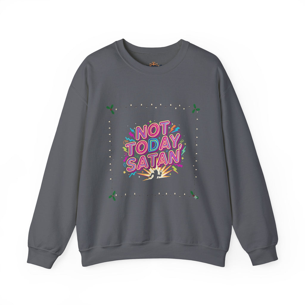 🔥 Not Today, Satan – Retro 90s Christian Sweatshirt | Neon Faith Tee | Funky Cartoon Devil | Bold Bible Verse Shirt | Uplifted Gear Printify