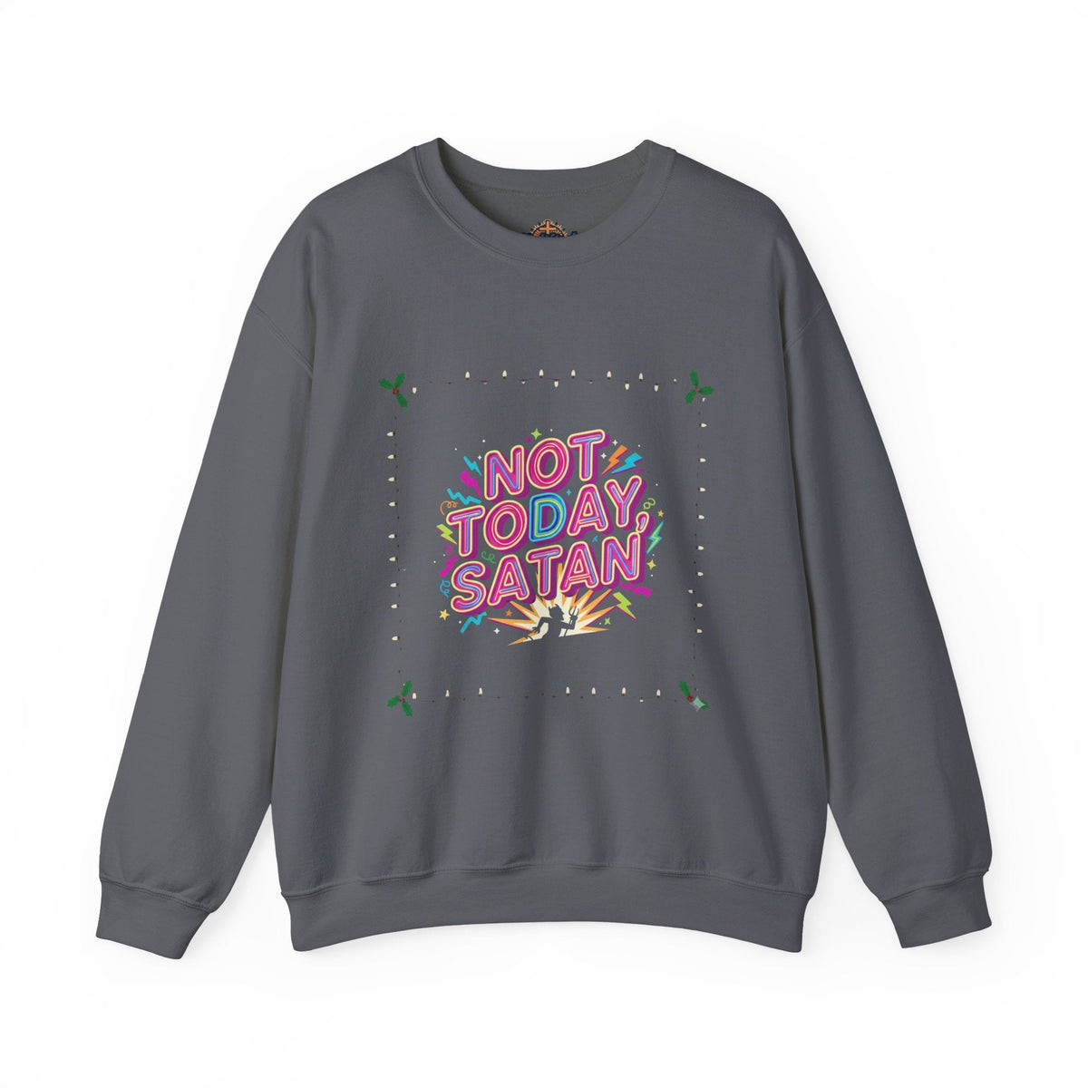 🔥 Not Today, Satan – Retro 90s Christian Sweatshirt | Neon Faith Tee | Funky Cartoon Devil | Bold Bible Verse Shirt | Uplifted Gear Printify