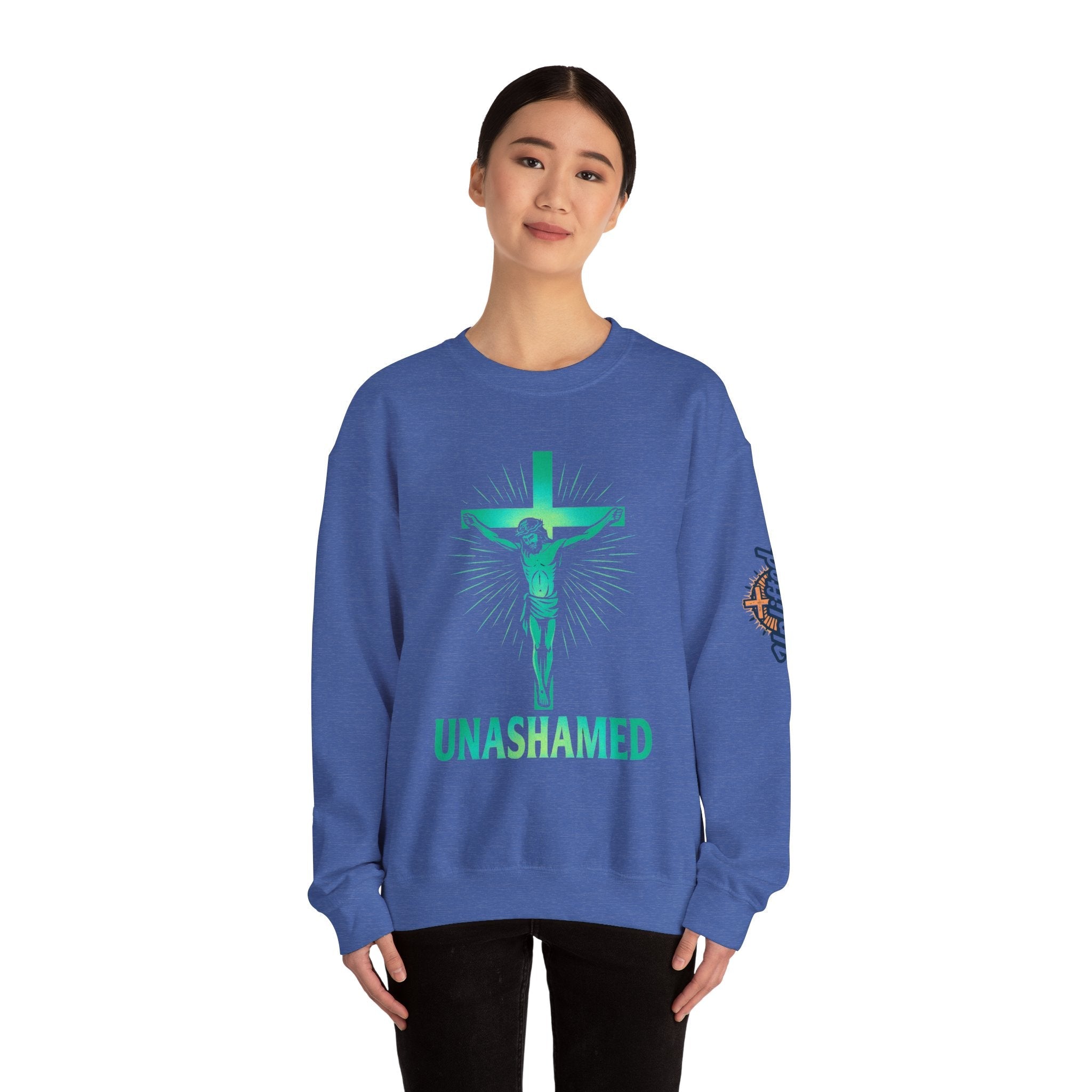 Unashamed Sweatshirt – Romans 1:16 Crucifixion Christian Sweatshirt for Bold Unwavering Faith Printify