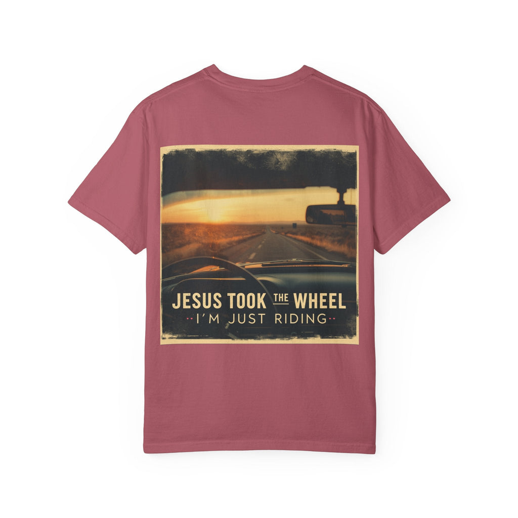 Jesus Took the Wheel I'm Just Riding T-shirt – Funny Christian Convertible Car T-shirt for Surrendered Faith & Humor Printify