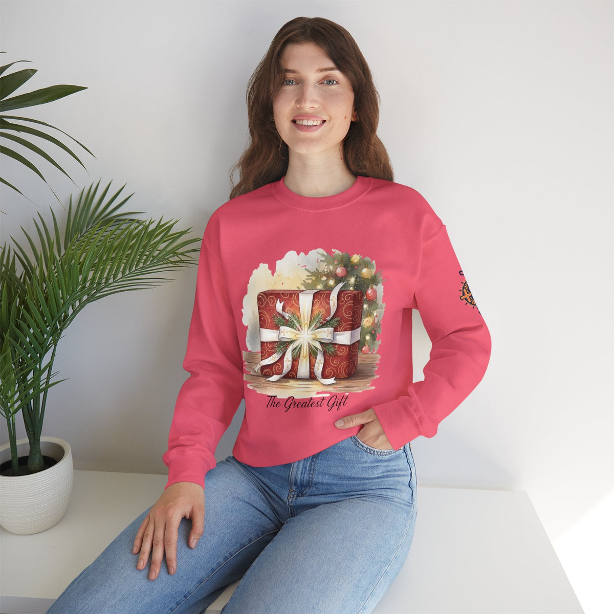 The Greatest Gift Sweatshirt – Cross Bow Present Christian Sweatshirt for Christmas Salvation & Eternal Faith Printify
