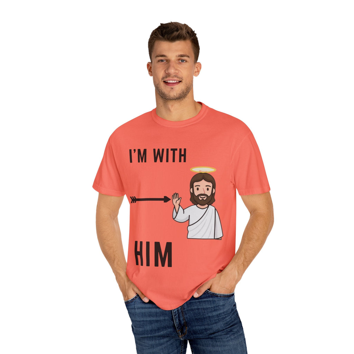 🔥 I’m With Him → Christian T-Shirt | Arrow Pointing to Jesus | Minimalist Faith Tee | Subtle Cross Design | Bible-Inspired Apparel by Uplifted Gear Printify